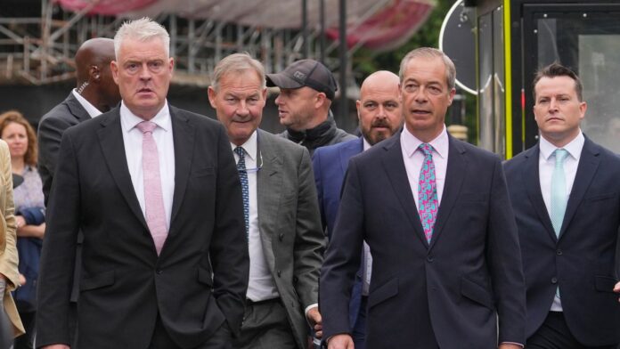 (Front row, left to right) Reform UK MP, Lee Anderson, Reform UK leader, Nigel Farage, and (second row, left to right) Reform UK MPs, Rupert Lowe and James McMurdock arrive at the House of Commons in Westminster, central London. Picture date: Tuesday July 9, 2024.