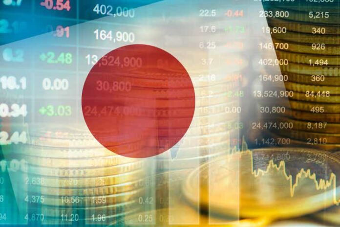 Japan flag with stock market finance, economy trend graph digital technology.