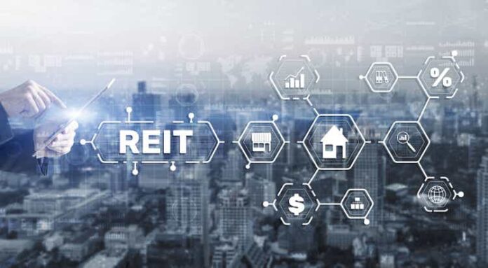 REIT. Real estate investment trust. Financial Market. Hand pressing button on screen