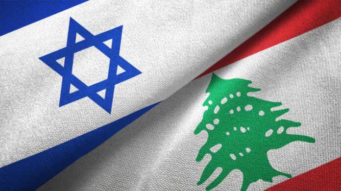 Lebanon and Israel two flags together textile cloth fabric texture