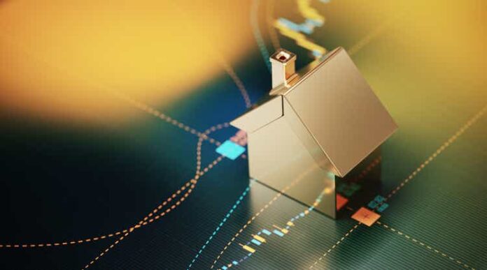 House Symbol Sitting over A Bar Graph - Stock Market and Real Estate Concept