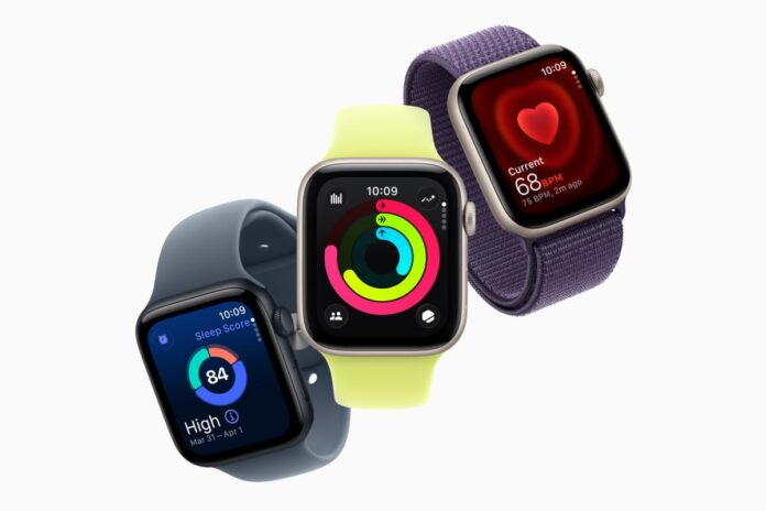 A image of three Apple Watch SE 3 models side by side showcasing different features: heart rate, sleep score, and fitness rings