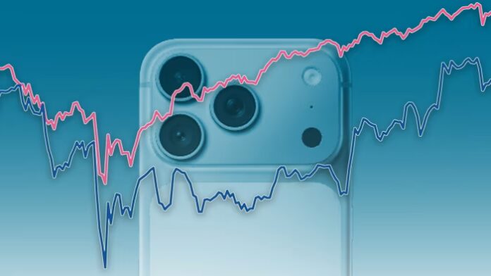 The upper part of an iPhone 17 Pro with three camera lenses is shown behind two fluctuating line charts, one pink and one blue.
