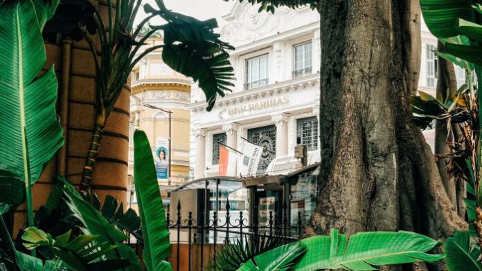 The BNP Paribas bank branch in Monaco is partially visible behind large tropical plants and a tree trunk.