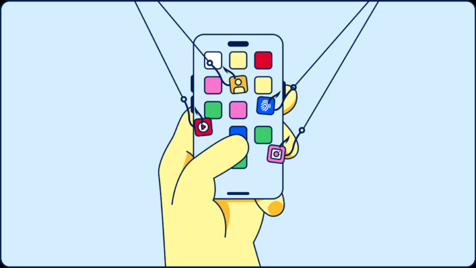 An illustration of a person's smartphone, held in their hand, with various fishing lines and hooks pulling on individual apps.