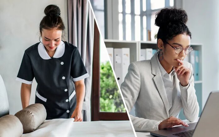 Photo: Split screen of Two women working, the first is a Housekeeper cleaning a hotel room. The second is thinking, laptop and typing businesswoman, bank consultant or working on research report, project or solution. Computer, administration analysis and professional person reading online account data.