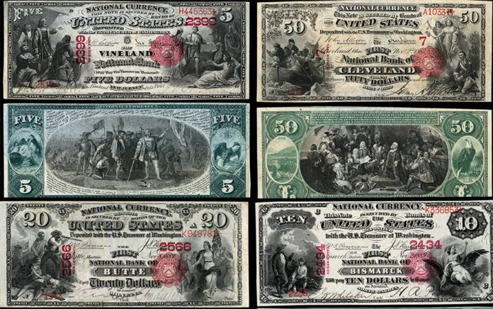 The first issue of National Bank Notes. Original and series 1875. Rendered in decorative design for different values from $1 to $1000. Black and white on the front and green on the back side.