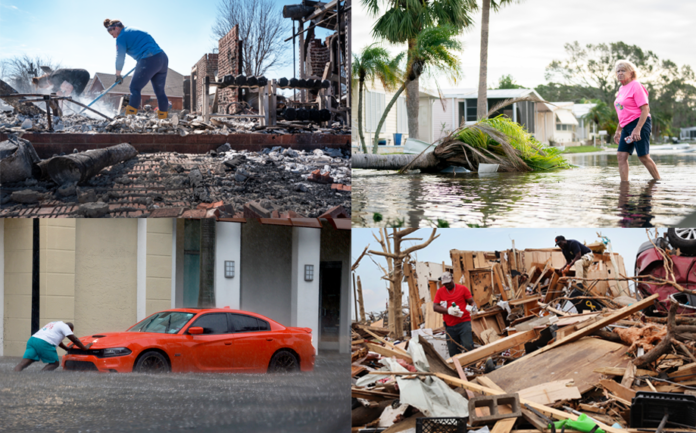 Photo: a four-panel picture of people cleaning up after natural disasters: fire, hurricane, tornado, and flood.