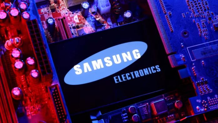 A Samsung Electronics logo displayed on a screen set among computer motherboard components with blue and red lighting.