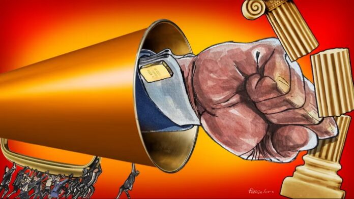 An illustration showing a fist emerging from a megaphone, breaking a classical column, with small figures holding up the megaphone.
