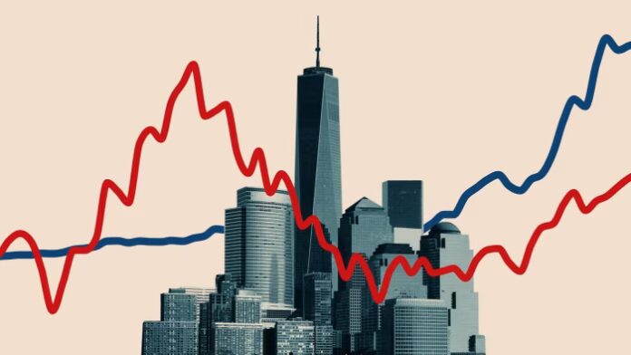 An illustration of New York City skyscrapers with overlaid red and blue financial chart lines rising and falling across the image.