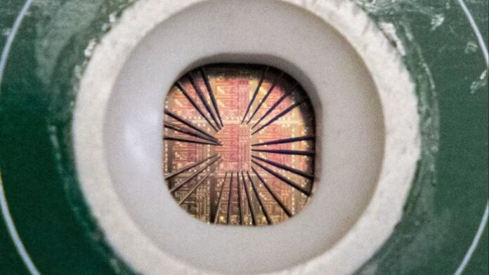 Electrical testing on a silicon semiconductor wafer at the Newport Wafer Fab, owned by Nexperia Holding
