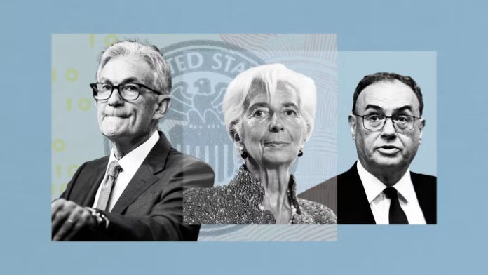 Montage of Jay Powell, Christine Lagarde and Andrew Bailey