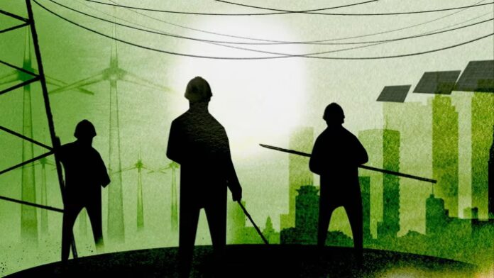 An illustration showing three silhouetted workers in hard hats overlooking a cityscape with wind turbines and solar panels.