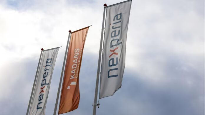 Flags of Nexperia waving in Nijmegen, the Netherlands
