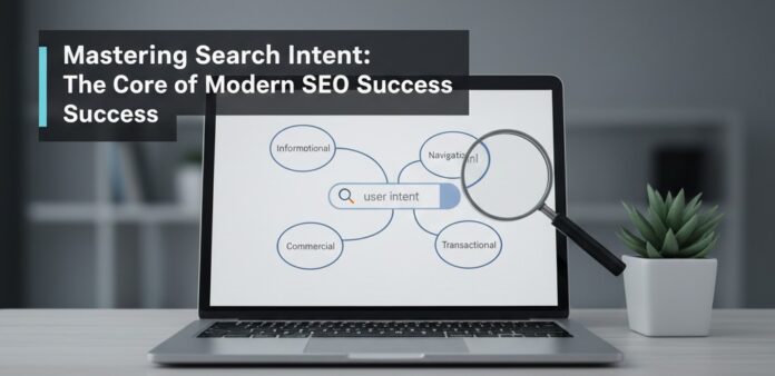 Diagram illustrating the four types of search intent (Informational, Navigational, Commercial, Transactional) for mastering SEO strategy.