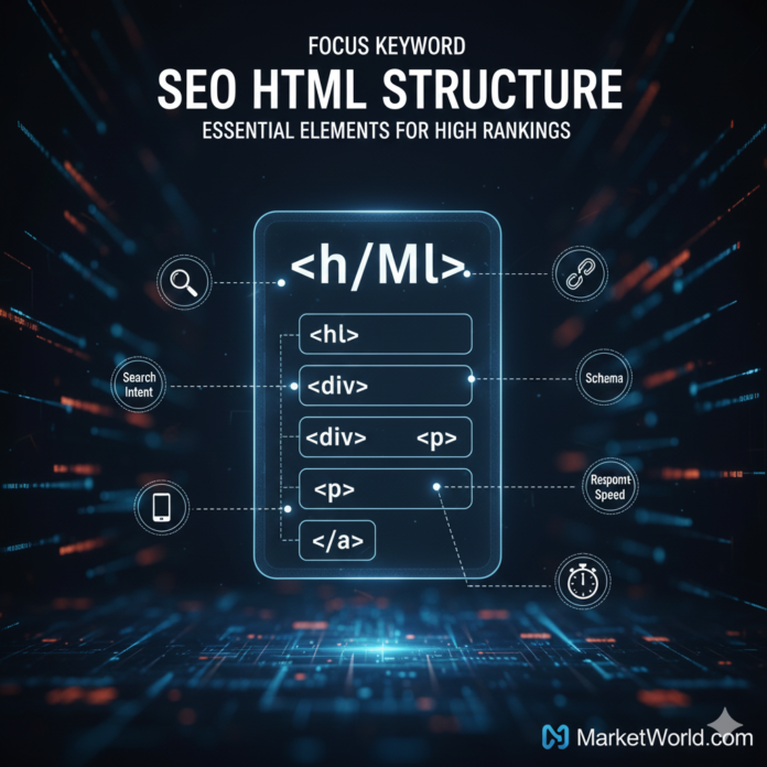 Infographic diagram illustrating the essential SEO HTML Structure elements like title tag, H1 heading, meta description, and canonical tags.