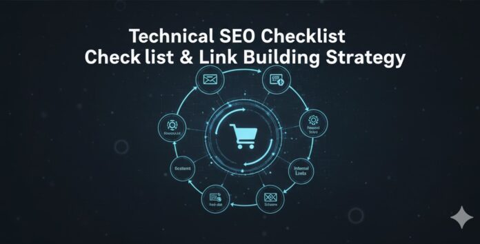 Technical SEO checklist flowchart showing steps for crawl audit, page speed, and link building strategy.